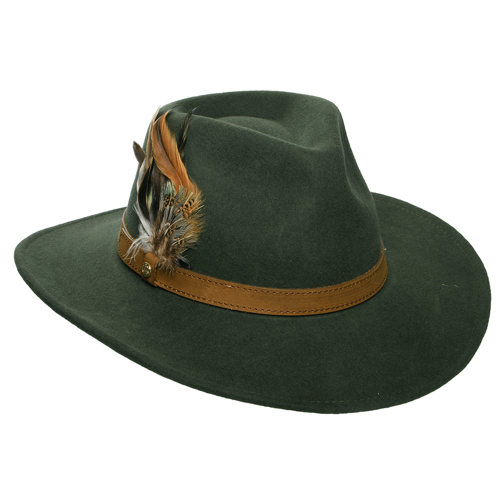 Sombrero Outback impermeable de fieltro de lana Con plumas de Failsworth - Verde Oliva