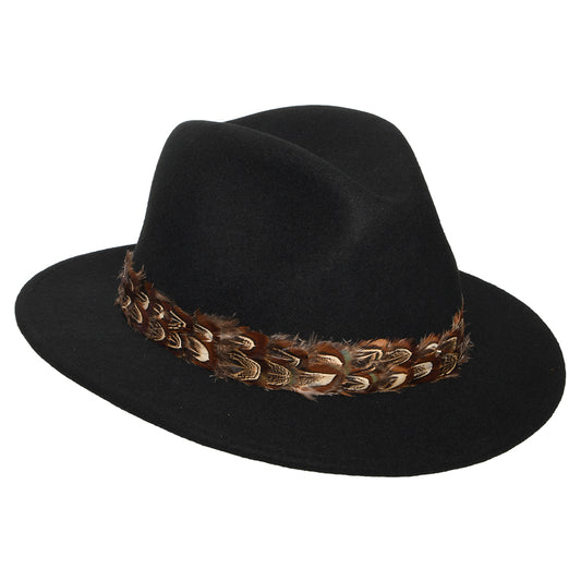 Sombrero Fedora Kansas plegable Repelente al agua de fieltro de lana con cinta de plumas de Denton - Negro