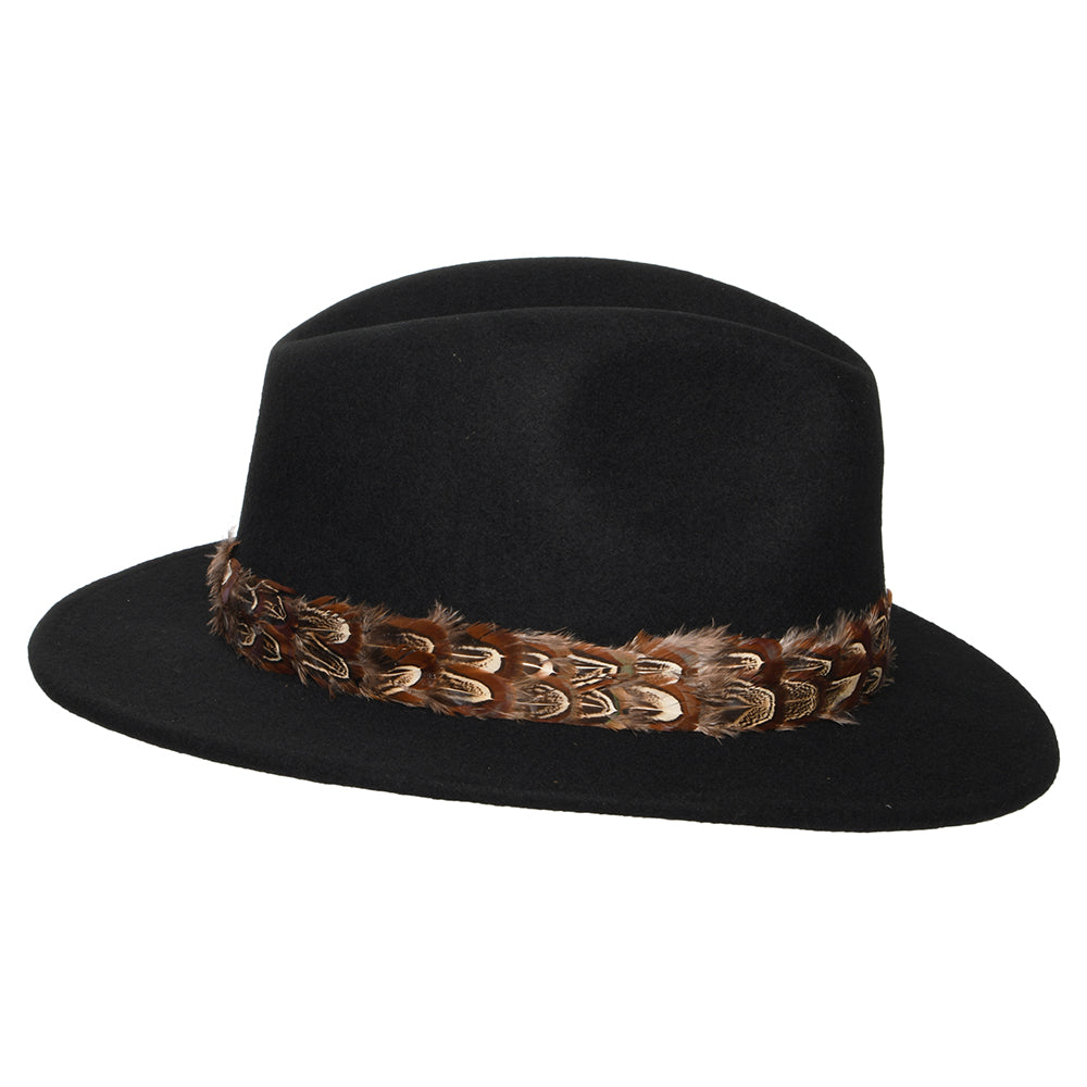 Sombrero Fedora Kansas plegable Repelente al agua de fieltro de lana con cinta de plumas de Denton - Negro