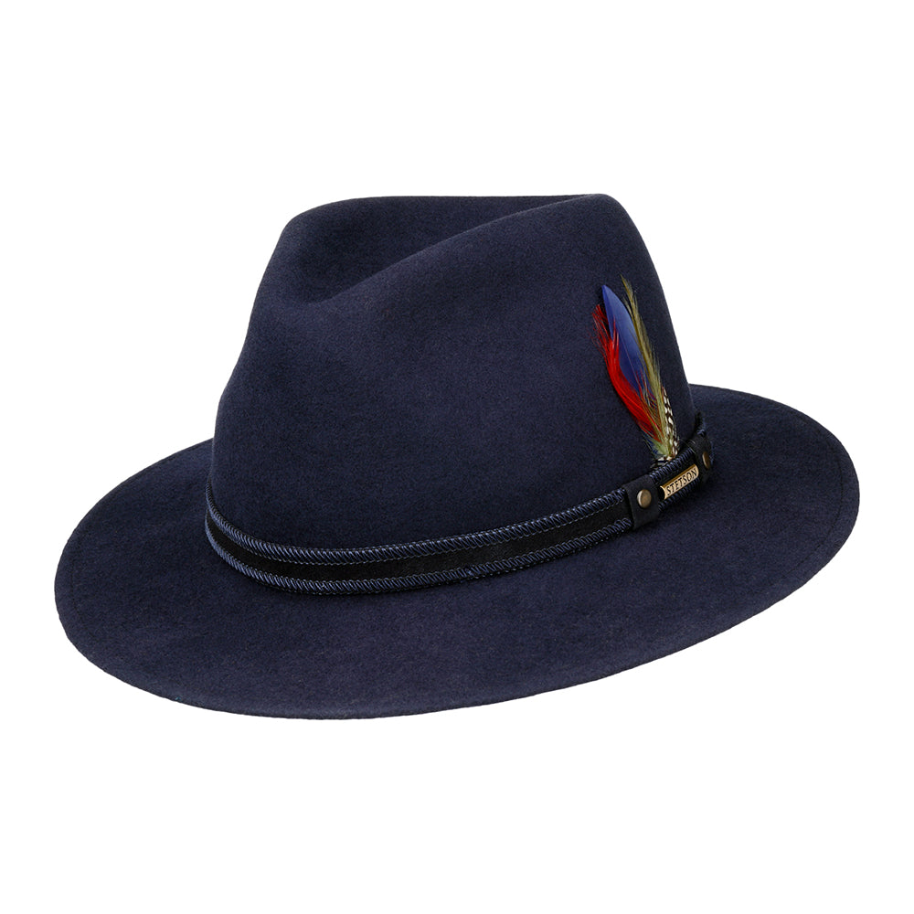 Sombrero Fedora Safari Tenvelco Traveller repelente al agua de fieltro de lana de Stetson - Azul Marino