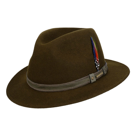 Sombrero Fedora Safari Tenvelco Traveller repelente al agua de fieltro de lana de Stetson - Bosque Oscuro