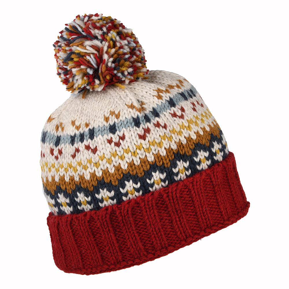 Gorro con pompón Mosaic Fair Isle de Kusan - Rojo-Mostaza-Crema