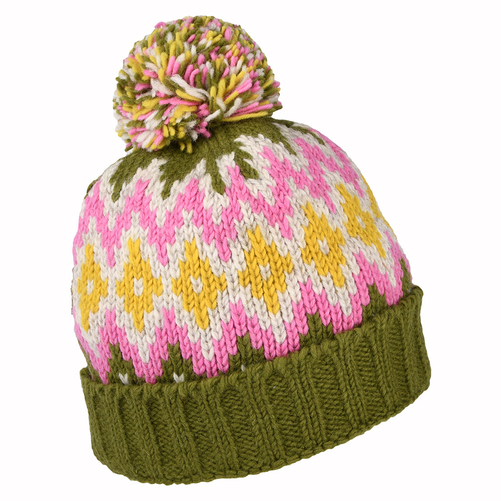 Gorro con pompón con vuelta y diamantes de Kusan - Verde Oliva-Rosa-Amarillo