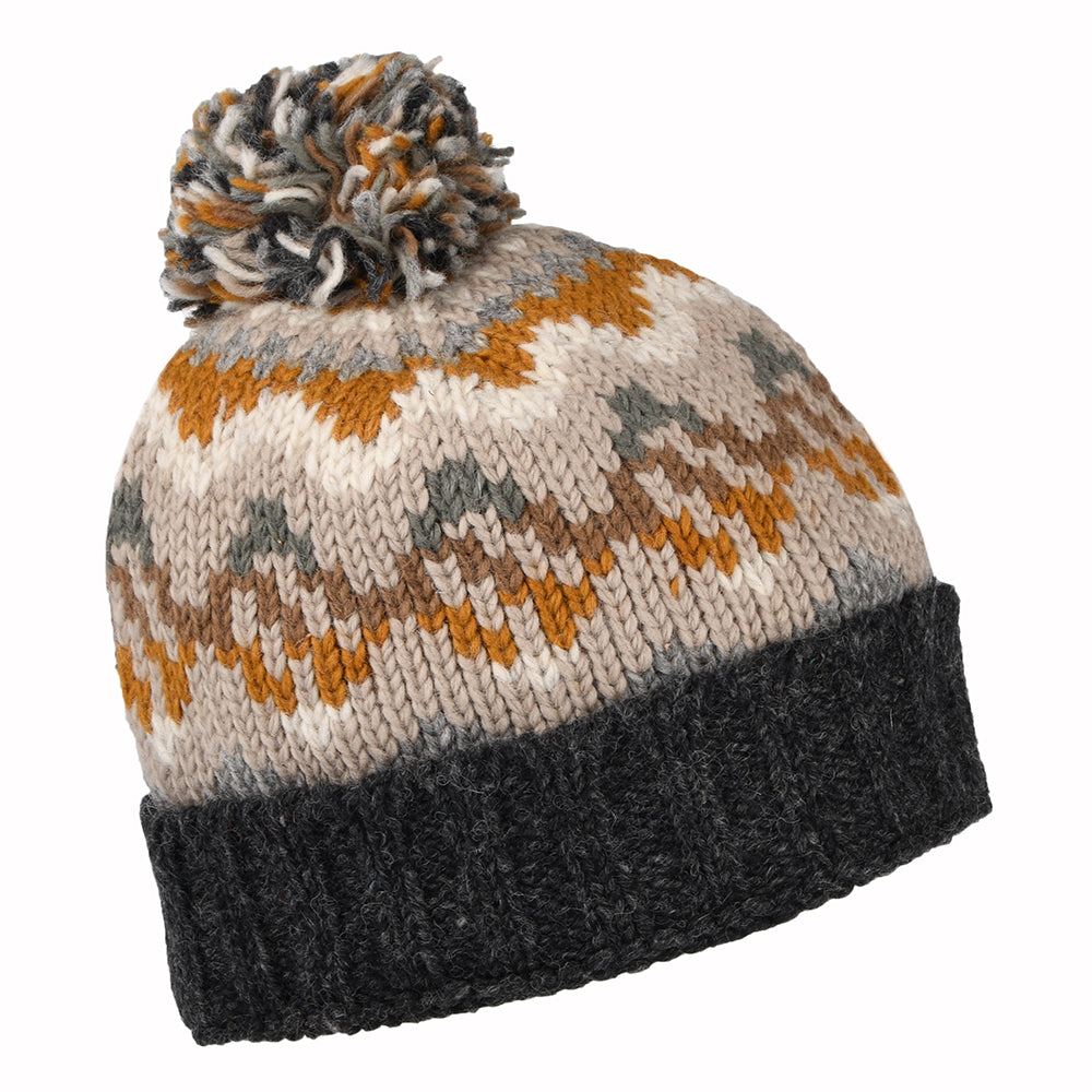 Gorro con pompón con vuelta y estampado de Kusan - Antracita-Gris-Mostaza