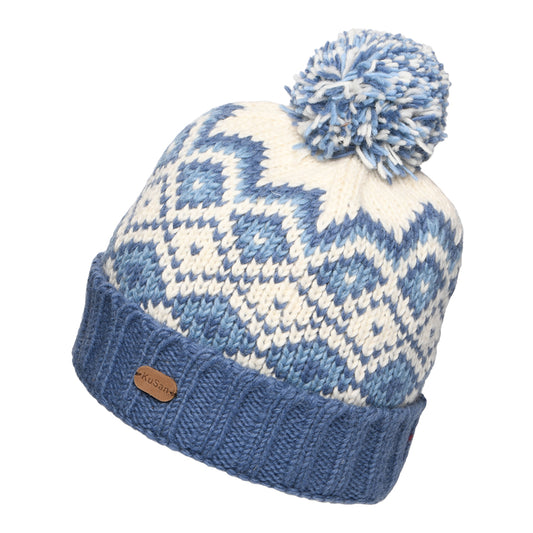 Gorro con pompón con vuelta Diamond de Kusan - Azul-Crema