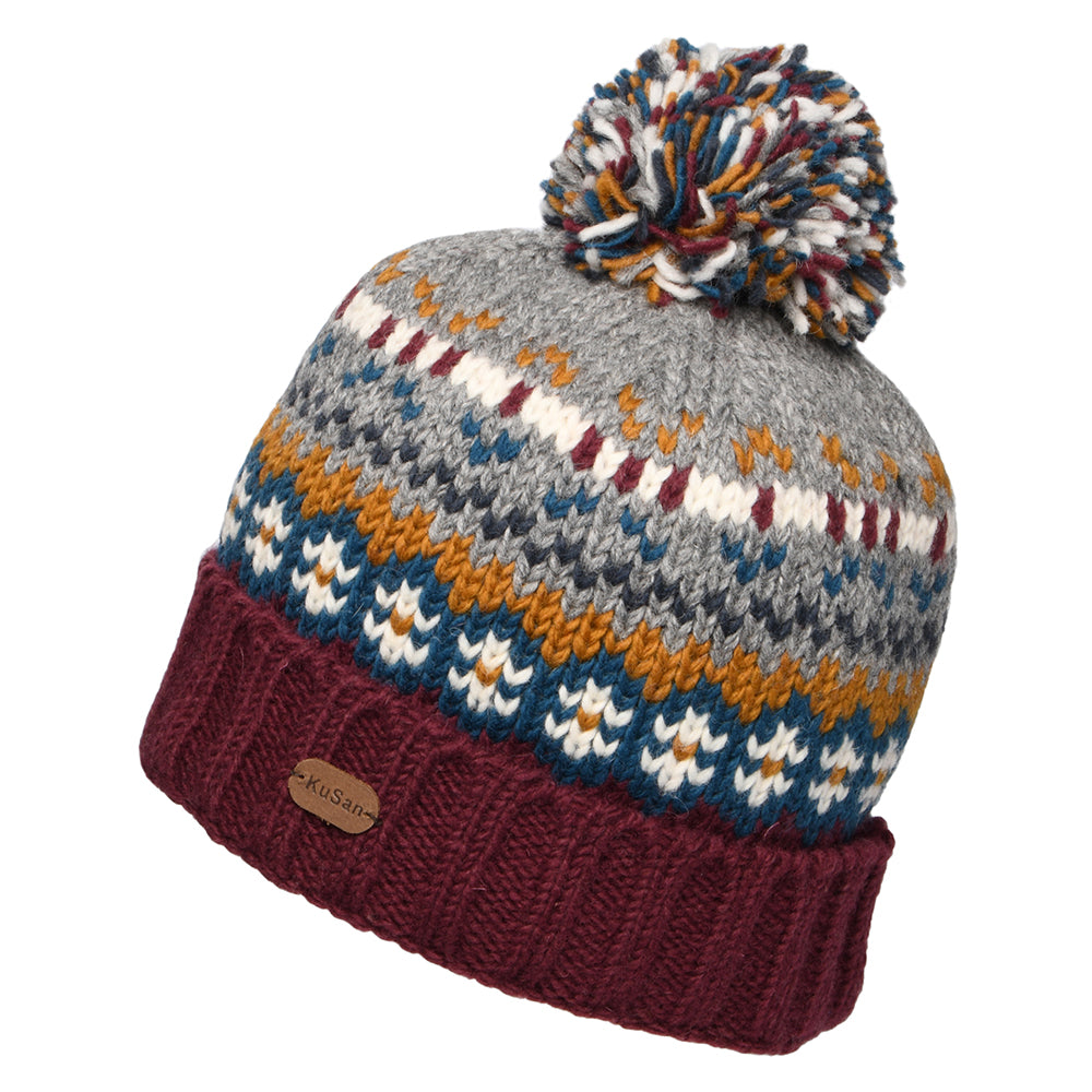 Gorro con pompón Mosaic Fair Isle de Kusan - Ciruela-Gris