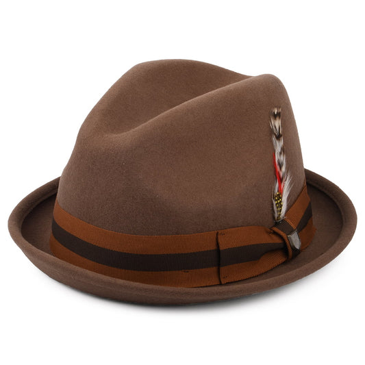 Sombrero Trilby Gain de fieltro de lana con cinta decorativa a rayas de Brixton - Camel