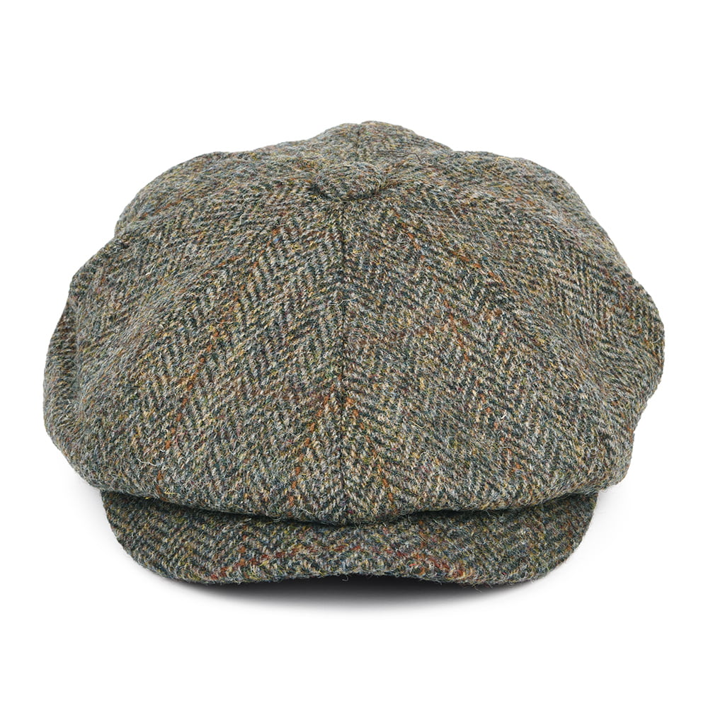 Gorra Newsboy Carloway de Harris Tweed diseño de espiga de Failsworth - Oliva-Azul