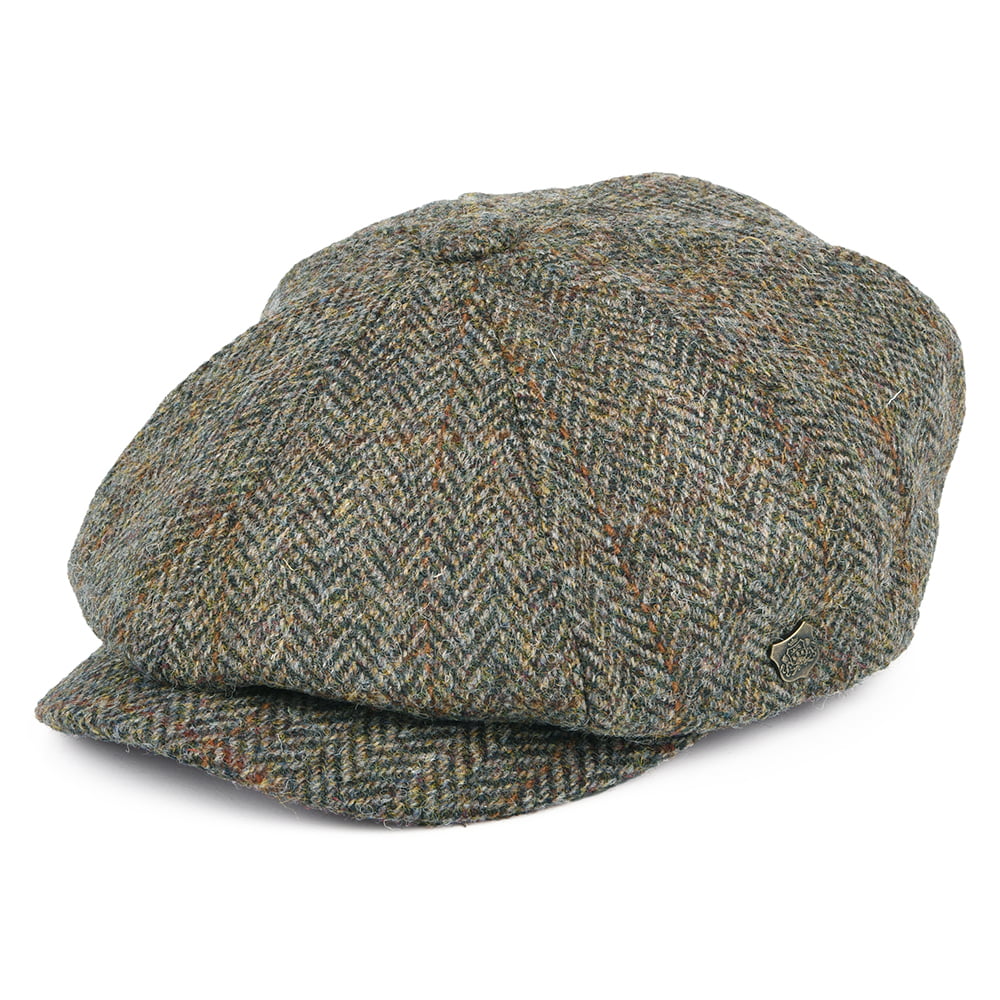 Gorra Newsboy Carloway de Harris Tweed diseño de espiga de Failsworth - Oliva-Azul