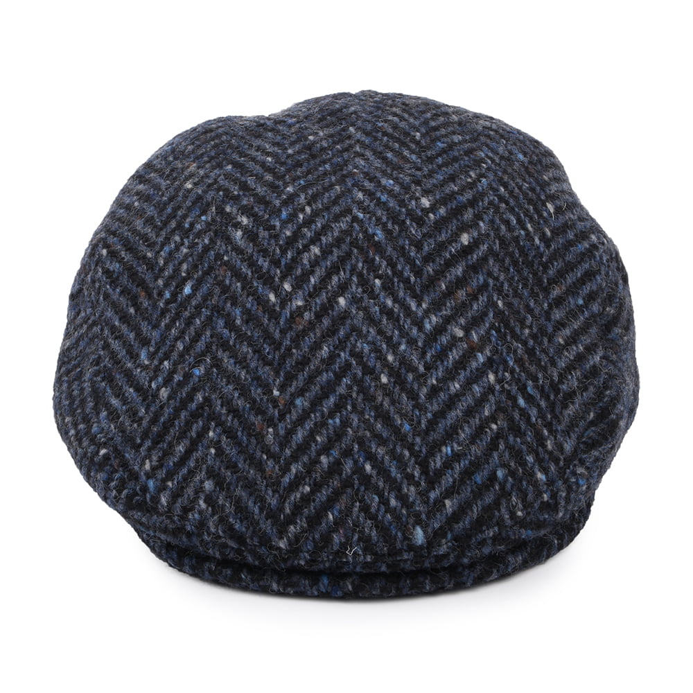 Gorra plana Dunmore de Tweed Donegal diseño de espiga de Jaxon & James - Azul Marino-Negro