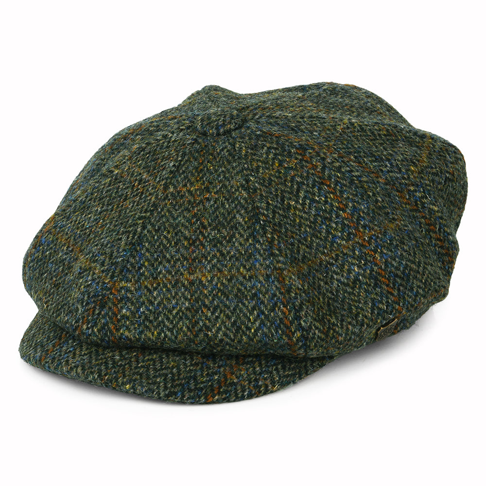 Gorra Newsboy Carloway de Harris Tweed diseño de espiga de Failsworth - Verde Oliva-Azul-Ladrillo