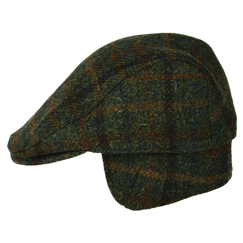 Gorra plana Oban de Harris Tweed a cuadros con orejeras de Failsworth - Oliva-Ladrillo