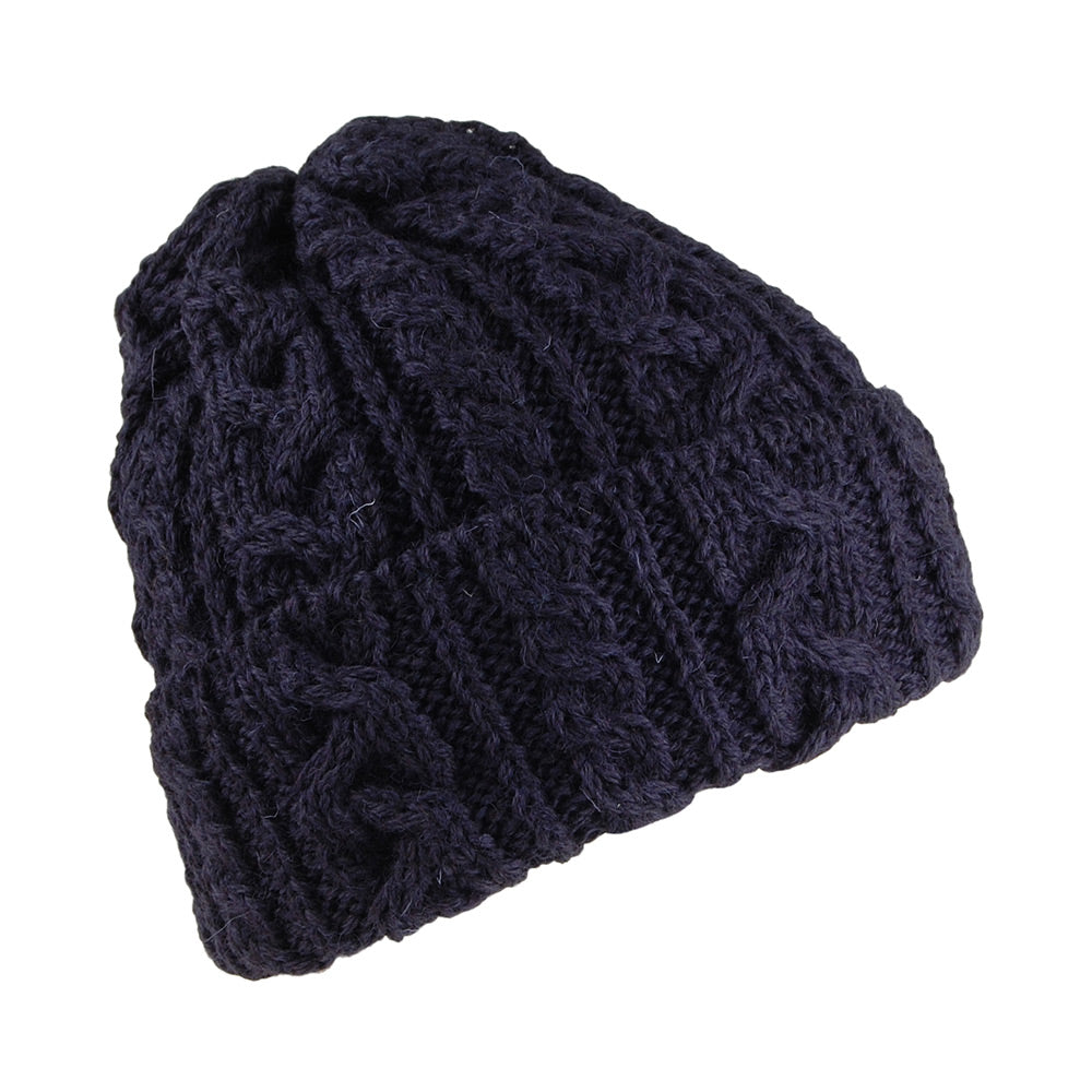 Gorro Beanie con dobladillo de lana inglesa de punto trenzado de Highland 2000 - Azul Marino