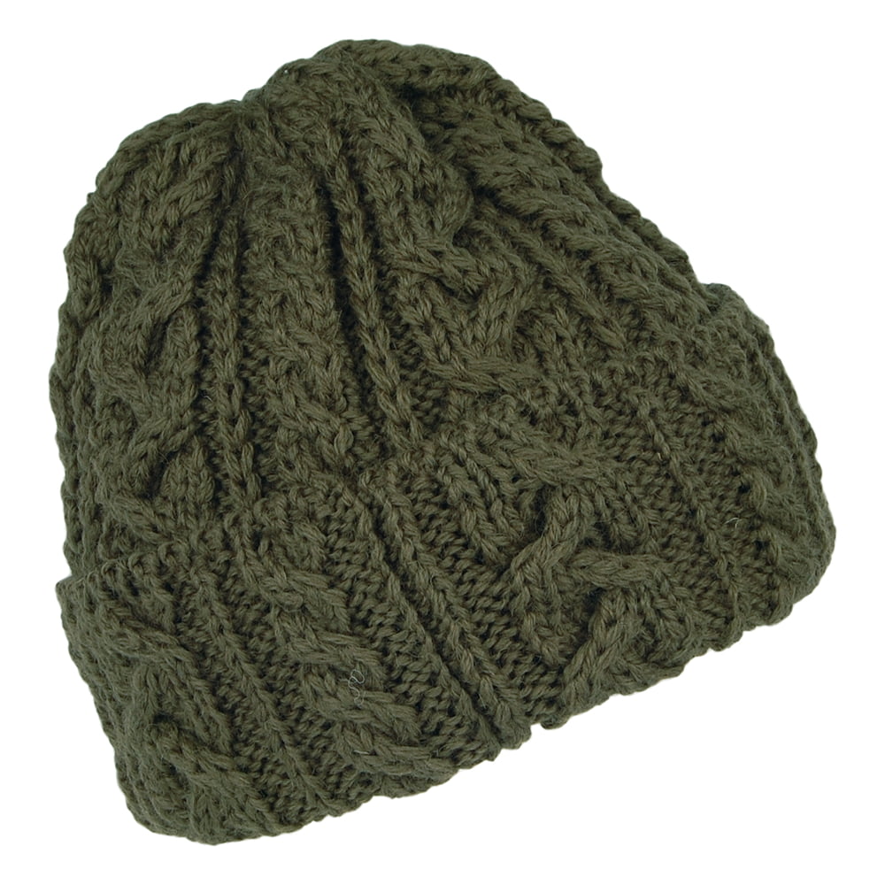 Gorro Beanie Cuffed de lana inglesa de punto cable de Highland 2000 - Verde Oliva