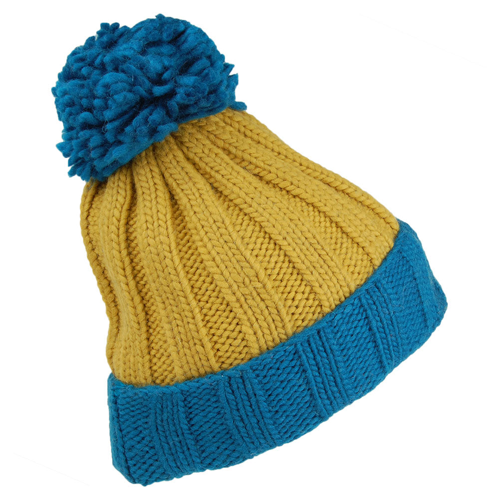 Gorro con pompón Turn up de canalé de Kusan - Azul-Amarillo