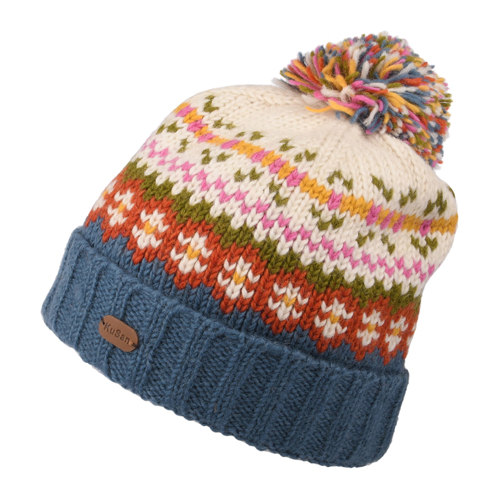 Gorro con pompón Mosaic Fair Isle de Kusan - Crema-Azul