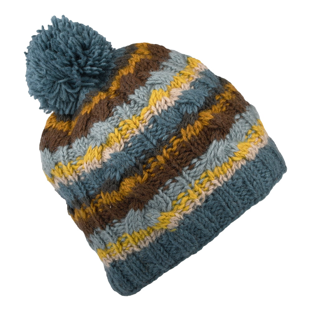 Gorro con pompón punto de cable con franjas de Kusan - Múltiples tonalidades azules