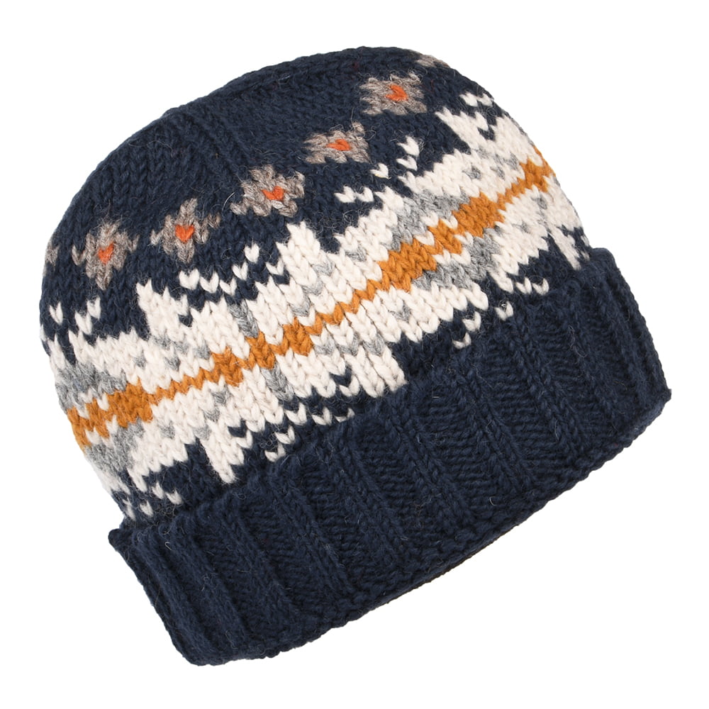 Gorro Beanie flexible copo de nieve con vuelta de Kusan - Azul Marino-Crema