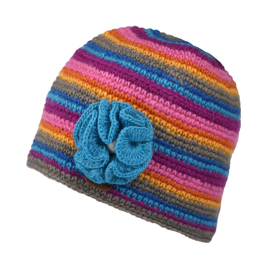 Gorro Beanie Crochet Flower de Kusan - Gris-Azul-Rosa