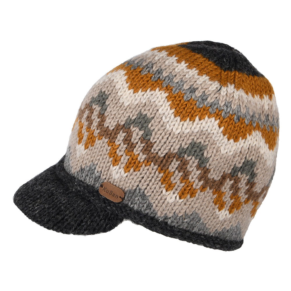 Gorro Beanie con visera con ondas de Kusan - Antracita-Mostaza-Gris