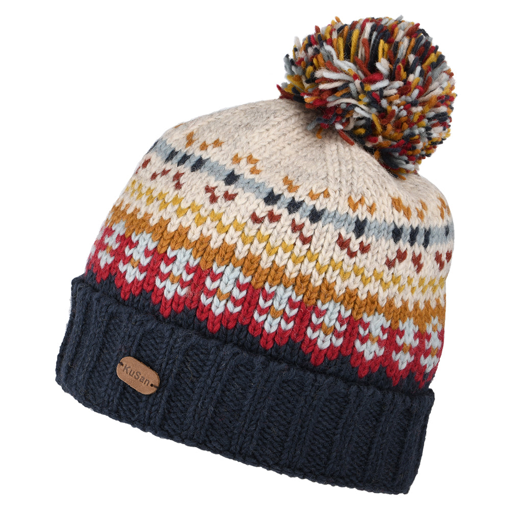 Gorro con pompón Mosaic Fair Isle de Kusan - Azul Marino-Rojo-Crema